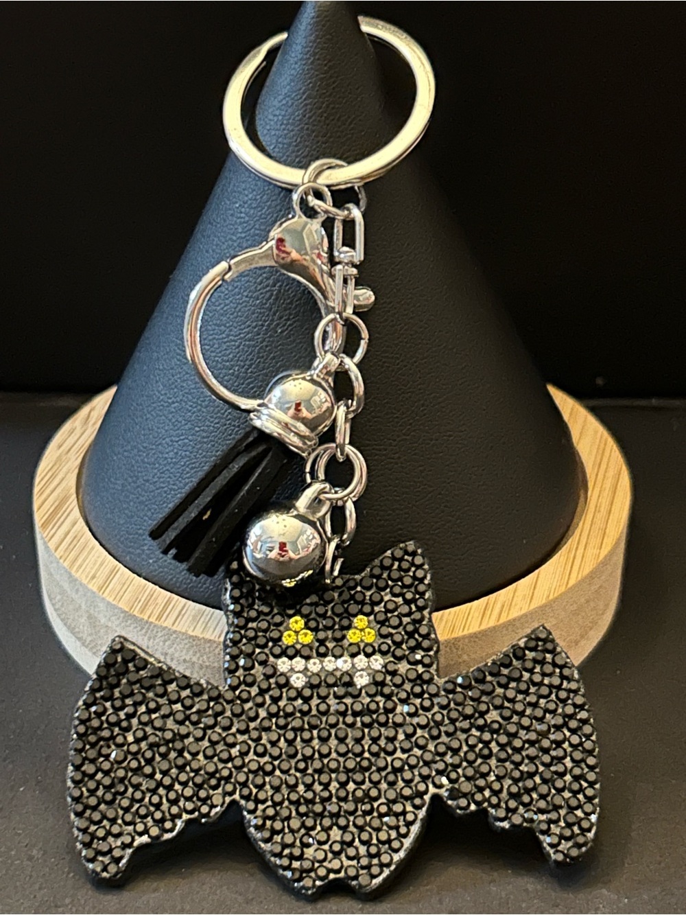 Halloween Black Bat 🦇 Rhinestone Bag Charm Keychain with Yellow Eyes